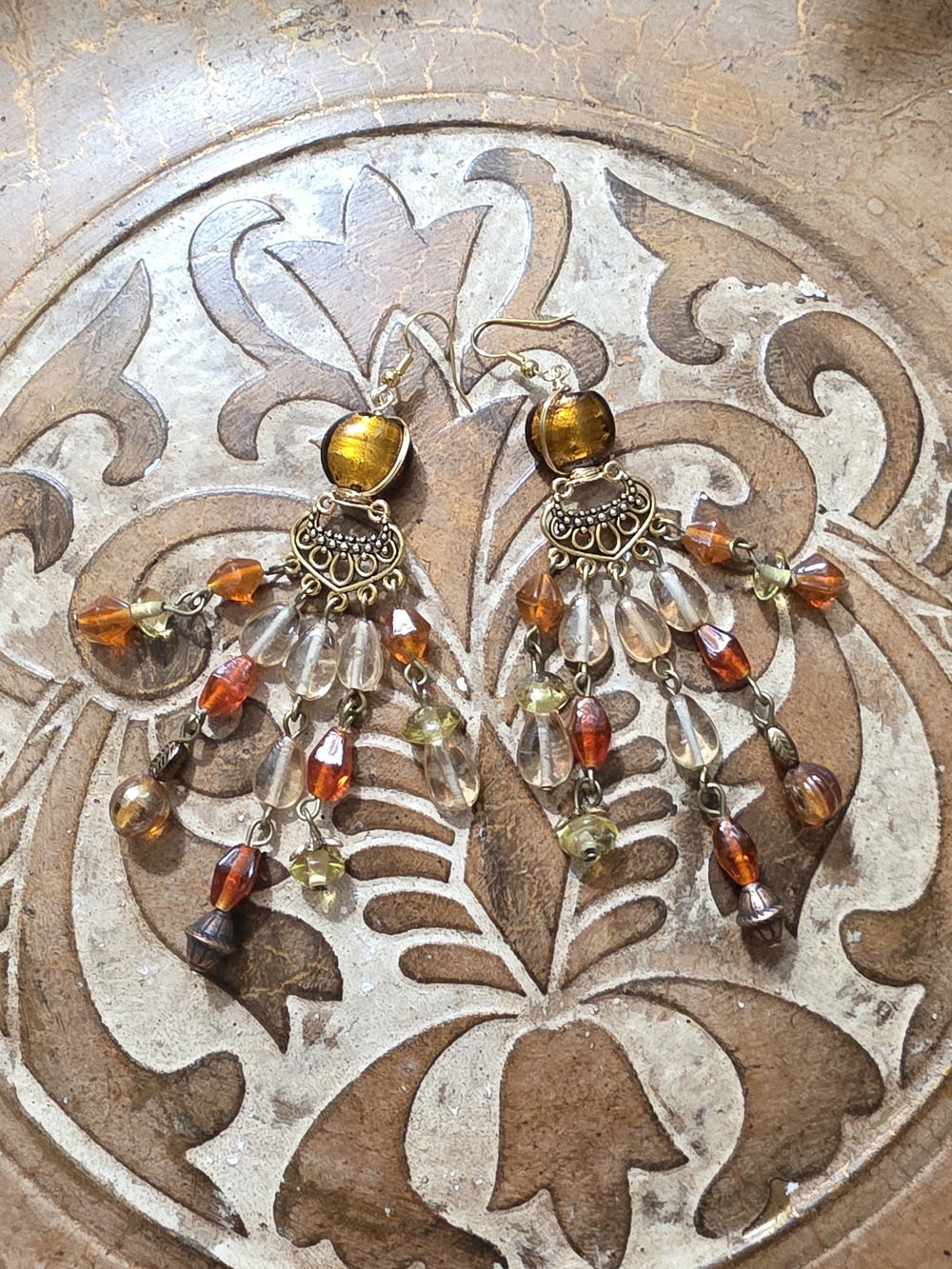 Handcrafted Amber Glass Chandelier Earrings - Boho Drop Style